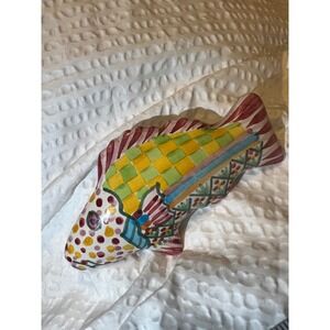 MacKenzie-Childs‎ Ceramic Fish Knob 5in Colorful Checker Pink Pull Handle